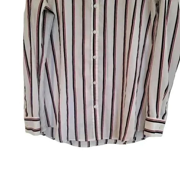 Banana Republic Women's White/Navy/Red Striped Poly Button Down Dillon Shirt - Picture 5 of 10